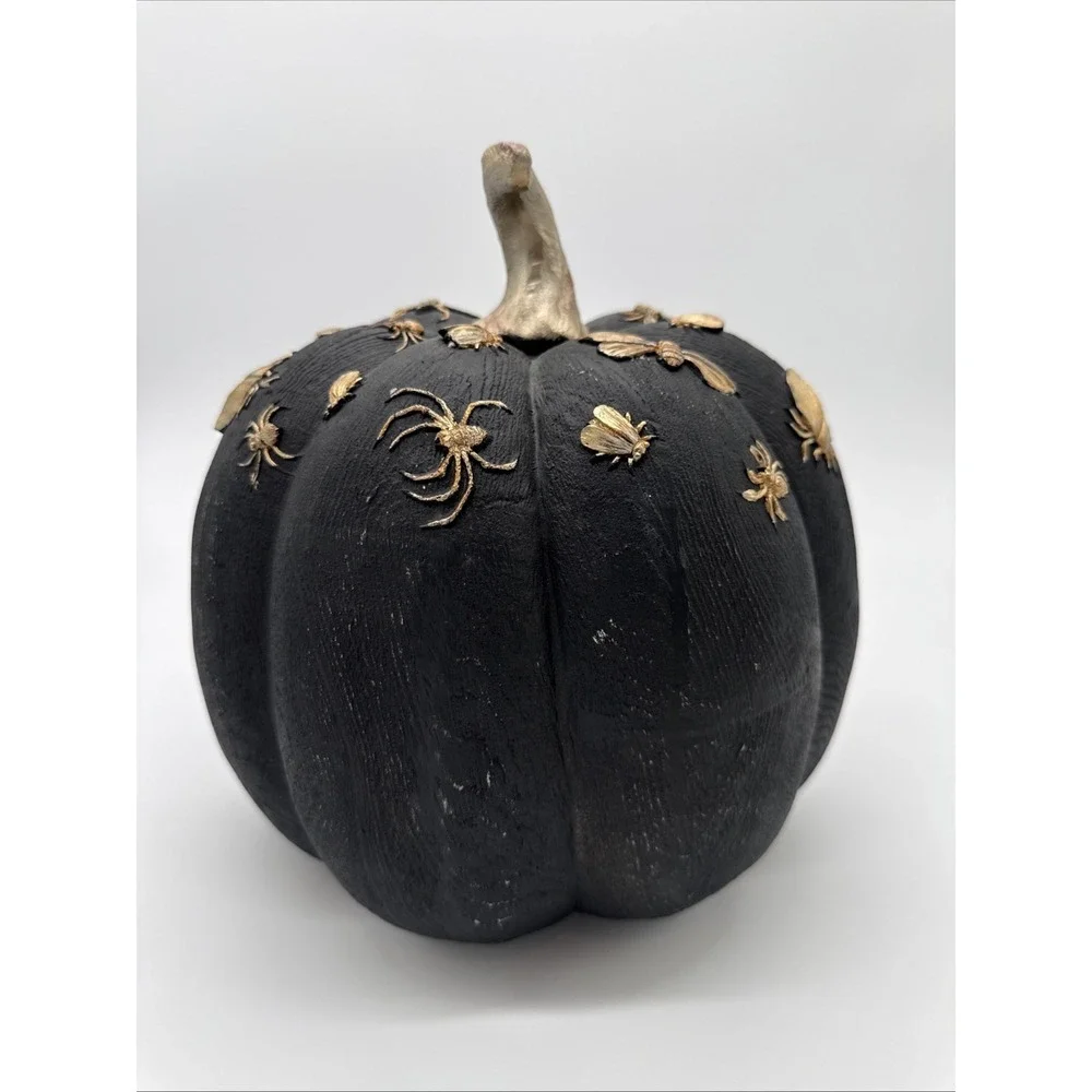 Black Resin Pumpkin with Gold Bugs